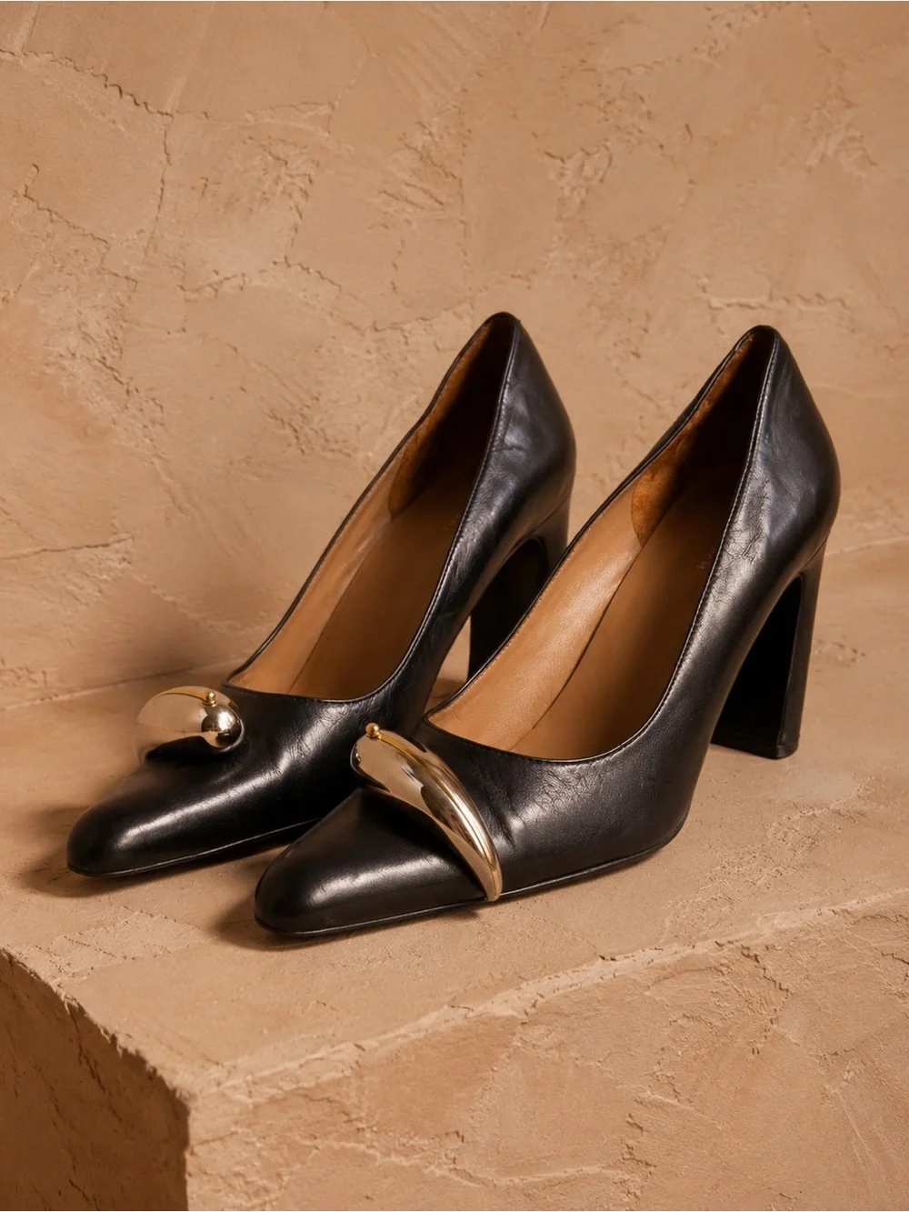 Tory Burch Black Leather Pumps with Gold Sculptural Accent